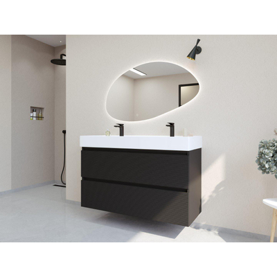 HR badmeubelen Infinity XXL 3D Ensemble meuble de salle de bains - 120 cm - 1 lavabo en céramique kube blanc - 2 trous de robinet - 2 tiroirs - noir mat