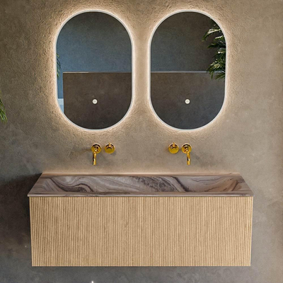 MONDIAZ KURVE-DLUX Meuble de salle de bains 120cm couleur Oak avec 1 tiroir et 0 porte. Lavabo BIG LARGE Central sans trou de robinet Sombra.