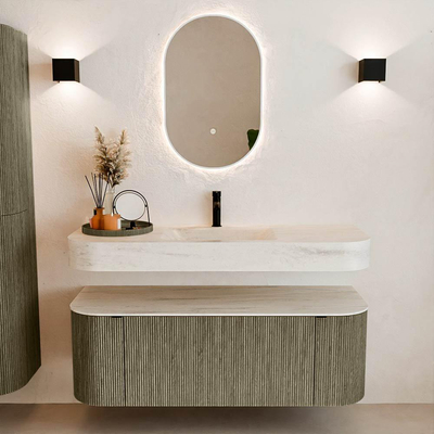 MONDIAZ THOR-DLUX 130cm meuble de salle de bains arrondi gauche + droite couleur Shadow avec 1 tiroir et 2 portes. Vasque suspendue CLOUD Milieu 1 trou de robinet couleur Meli.