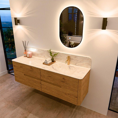 Mondiaz CIRO-DLUX Badkamermeubelset - 160x45x50cm - Solid surface wastafel Ostra - 1 wasbak Rechts - 1 kraangat - 4 lades - Oak