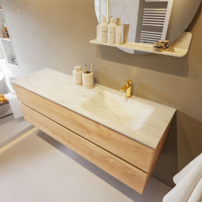 Mondiaz VICA-DLUX ensemble de meuble de salle de bain - 150cm - meuble sous-vasque chêne blanchi - 2 tiroirs - lavabo encastré cloud droite - 1 trou de robinet - version haute de 60cm - opalo