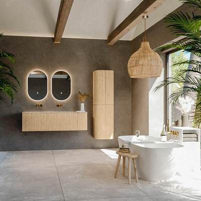MONDIAZ KURVE-DLUX 145cm meuble de salle de bain courbure droite couleur chêne avec 1 tiroir et 1 porte. Vasque BIG LARGE gauche sans trou de robinet Meli.