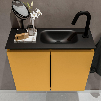 MONDIAZ TURE Toiletmeubel 60x23x50cm met 1 kraangaten 2 deuren ocher mat Wastafel Eden rechts Solid Surface Zwart