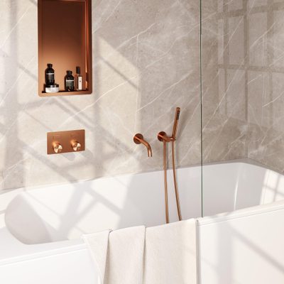 BRAUER Copper Carving mitigeur de bain thermostatique encastré - boutons poussoirs SET 03 - bec - douchette à main barre - flexible de douche - coude de raccordement mural - cuivre brossé PVD