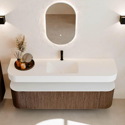 MONDIAZ THOR Meuble de salle de bains 170cm arrondi gauche + droite couleur Walnut avec 1 tiroir et 2 portes. Vasque suspendue CLOUD Milieu 1 trou de robinet couleur Talc.