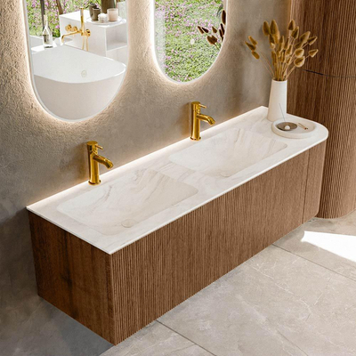 MONDIAZ KURVE-DLUX 145cm Meuble salle de bain avec module 25 D - couleur Walnut - 1 tiroir - 1 porte - vasque LEAF double / gauche - 2 trous de robinet - couleur Ostra