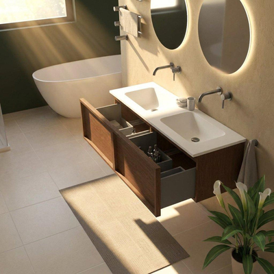 Saniclass Holz Frame Ensemble de meubles de salle de bains - 140x45x57.5cm - lavabo Torino en solid surface blanc - sans trou de robinetterie - 2 tiroirs - noyer pure mat (bois)