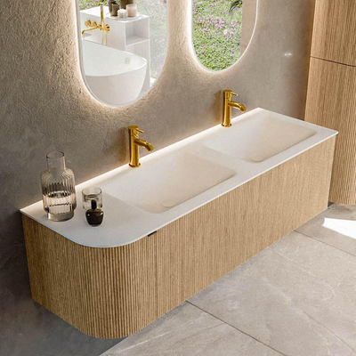 MONDIAZ KURVE Meuble de salle de bains 145 cm avec module 25 L couleur Chêne avec 1 tiroir et 1 porte. Lavabo CLOUD double / droite 2 trous de robinet Talc.