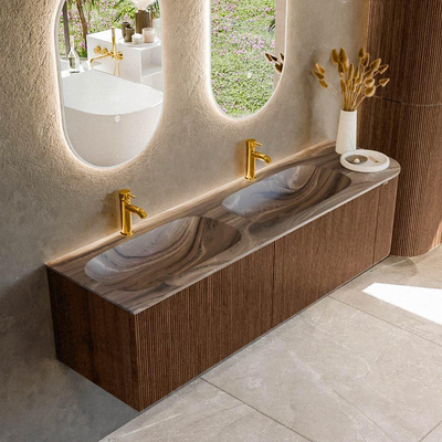 MONDIAZ KURVE-DLUX Meuble de salle de bains 165cm arrondi Droite couleur Walnut avec 2 tiroirs et 1 porte. Lavabo STOR SMALL Double / Gauche 2 trous de robinet Sombra.