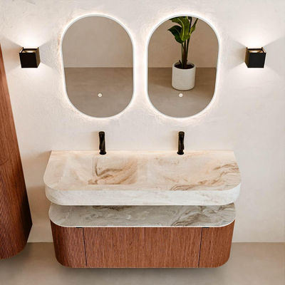 MONDIAZ THOR-DLUX Meuble de salle de bains 130cm arrondi gauche + droite couleur Ruby avec 1 tiroir et 2 portes. Vasque suspendue CLOUD Double 2 trous de robinet couleur Frappe.