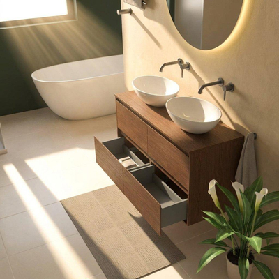 Saniclass Holz Pure Badkamermeubelset - 120x45x62cm - houten topblad eiken natural - zonder kraangat - 4 lades - mat walnut pure (hout)