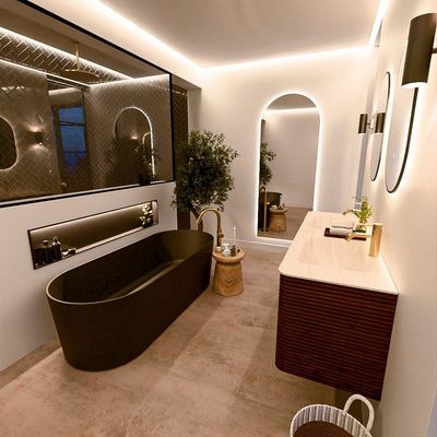 Mondiaz CIRO-DLUX Badkamermeubelset - 150x45x50cm - Solid surface wastafel Meli - 2 wasbak Dubbel - 2 kraangaten - 4 lades - Ruby