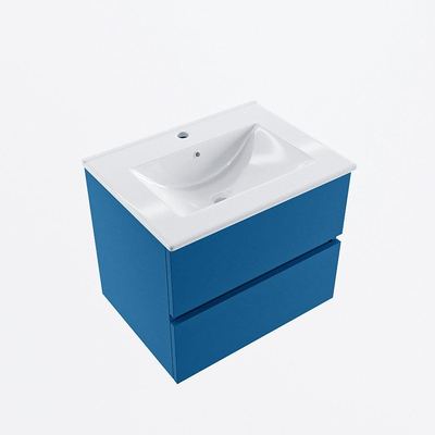 Mondiaz VICA Ensemble de meuble de salle de bain - 60cm - meuble sous-vasque jeans - 2 tiroirs - lavabo denia milieu - 1 trou de robinet - version haute de 60cm - blanc brillant