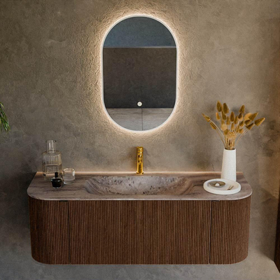 MONDIAZ KURVE-DLUX 130cm badmeubel ronding Links + Rechts kleur Walnut met 1 lade en 2 deuren. Wastafel BIG SMALL Midden 1 kraangat Oza.