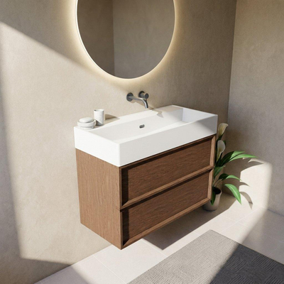Saniclass Holz Frame Ensemble meuble de salle de bains - 100x45x72cm - lavabo en céramique Legend blanc mat - 1 vasque - sans trou de robinetterie - 2 tiroirs - walnut pure mat (bois)