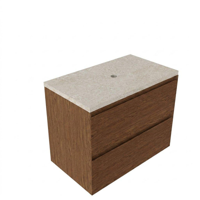 Saniclass Holz Pure Ensemble meuble de salle de bains - 80x45x63cm - plan de travail en pierre naturelle travertin - sans trou de robinet - 2 tiroirs - walnut pure mat (bois)