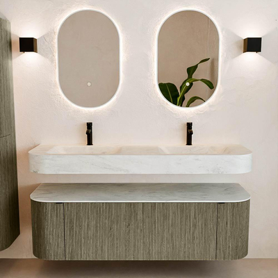 MONDIAZ THOR-DLUX 150cm meuble de salle de bains arrondi gauche + droite couleur Shadow avec 1 tiroir et 2 portes. Vasque suspendue CLOUD Double 2 trous de robinet couleur Opalo.