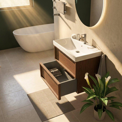 Saniclass Holz Frame Ensemble de meubles de salle de bains - 80x45x67.5cm - lavabo Wave en céramique - 1 vasque - 1 trou de robinetterie - 2 tiroirs - mat noyer pur (bois)