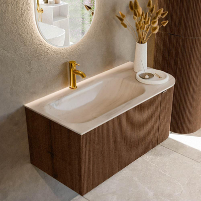 MONDIAZ KURVE-DLUX Meuble de salle de bains 95cm arrondi Droite couleur Walnut avec 1 tiroir et 1 porte. Lavabo BIG SMALL Gauche 1 trou de robinet Meli.