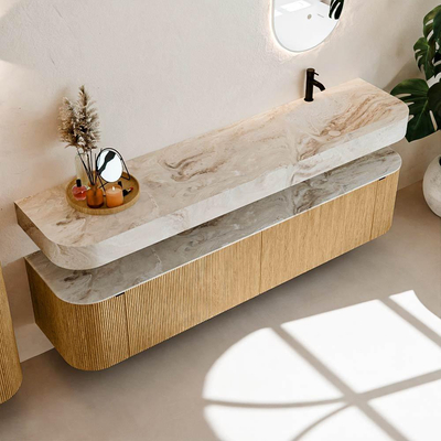 MONDIAZ THOR-DLUX Meuble de salle de bains - 200cm - arrondi gauche + droite - couleur Oak - 2 tiroirs et 2 portes - Vasque suspendue CLOUD Droite 1 trou de robinet couleur Frappe