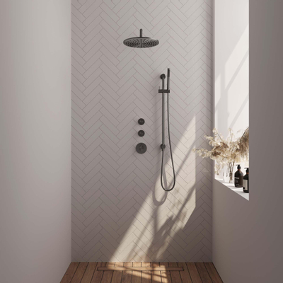 Brauer Gunmetal Edition Colonne de douche thermostatique avec pommeau 30cm et bras mural courbé 40cm et douchette Stylo 1 jet flexible lisse avec coude mural Gunmetal brossé PVD