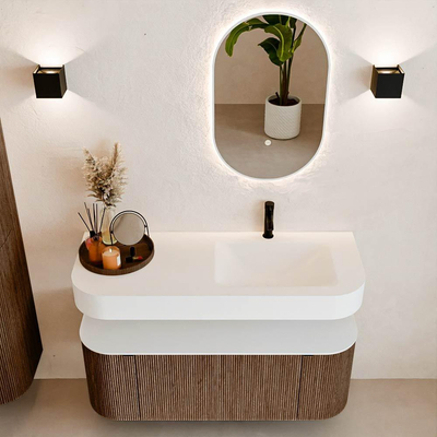 MONDIAZ THOR 120cm meuble de salle de bains arrondi gauche + droite couleur Walnut avec 1 tiroir et 2 portes. Vasque suspendue CLOUD droite 1 trou de robinet couleur Talc.