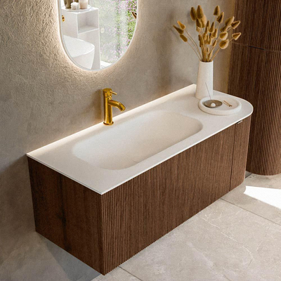 MONDIAZ KURVE 115cm badmeubel met module 25 R kleur Walnut met 1 lade en 1 deur. Wastafel BIG SMALL links 1 kraangat Talc.