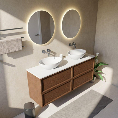 Saniclass Holz Frame Ensemble meuble de salle de bains - 160x45x62.5cm - Plan de toilette Torino en solid surface blanc - sans trou de robinet - 4 tiroirs - walnut pure mat (bois)