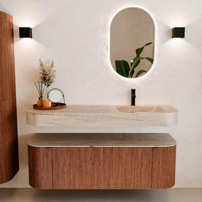 MONDIAZ THOR-DLUX 140cm meuble de salle de bains arrondi gauche + droite couleur Ruby avec 1 tiroir et 2 portes. Vasque suspendue CLOUD Droite 1 trou de robinet couleur Saba.