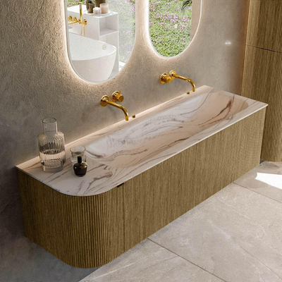 MONDIAZ KURVE-DLUX Meuble de salle de bains 145cm arrondi à gauche couleur Dusk avec 1 tiroir et 1 porte. Lavabo BIG LARGE à droite sans trou de robinet Nata.
