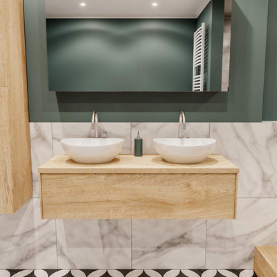 ENSEMBLE DE MEUBLE MONDIAZ LUSH - 120cm - 1 tiroir - lavabo BARCO - 2 lavabos - 2 trous de robinet - chêne blanchi