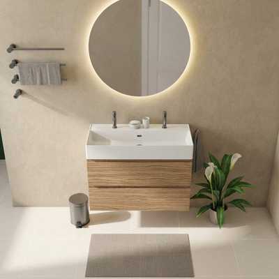 Saniclass Holz Pure Badkamermeubelset - 100x45x72cm - Legend keramische wastafel mat wit - 1 wasbak - 2 kraangaten - 2 lades - mat eiken natural (hout)
