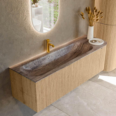 MONDIAZ KURVE-DLUX 145cm badmeubel ronding Rechts kleur Oak met 1 lade en 1 deur. Wastafel BIG LARGE Links 1 kraangat Oza.
