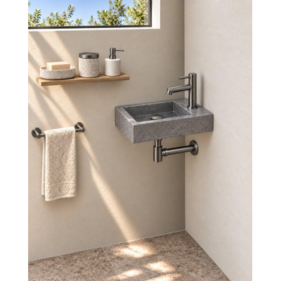Fortifura Fuente pack lave-mains – rectangulaire – 40 x 22 x 8 cm – béton gris – robinet gunmetal