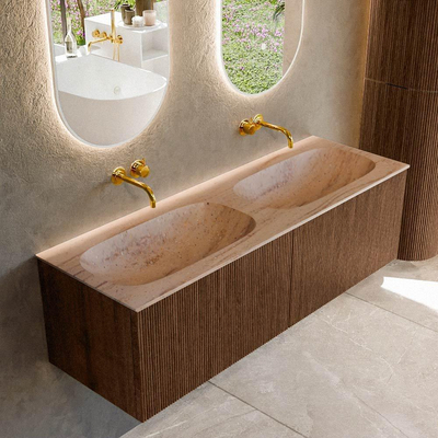 MONDIAZ KURVE-DLUX meuble de salle de bains 140 cm couleur Walnut avec 2 tiroirs et 0 porte. Plan-vasque STOR SMALL Double sans trou de robinet Saba.