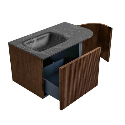 MONDIAZ KURVE-DLUX Meuble de salle de bains 75 cm avec module 25 R couleur Walnut avec 1 tiroir et 1 porte. Vasque GRUNNE gauche sans trou de robinet couleur Lava.