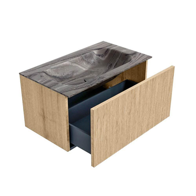 MONDIAZ KURVE-DLUX Meuble de salle de bains 80cm couleur Oak avec 1 tiroir et 0 porte. Lavabo BIG SMALL Central 1 trou de robinet Sombra.