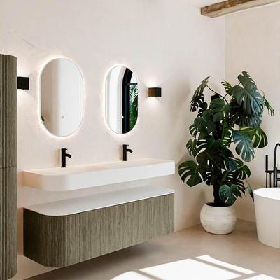 MONDIAZ THOR 150cm meuble de salle de bains arrondi gauche + droite couleur Shadow avec 1 tiroir et 2 portes. Vasque suspendue CLOUD Double 2 trous de robinet couleur Talc.