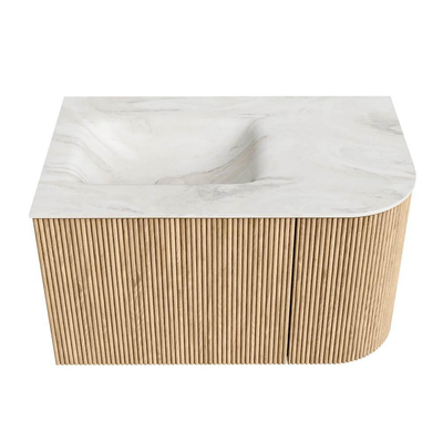 MONDIAZ KURVE-DLUX 75cm Meuble salle de bain avec module 25 D - couleur Oak - 1 tiroir - 1 porte - vasque GRUNNE gauche - sans trou de robinet - couleur Ostra