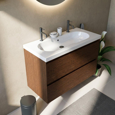 Saniclass Holz Pure Ensemble de meuble de salle de bains - 100x45x63.5cm - lavabo Palermo en céramique blanc - 1 vasque - 2 trous de robinetterie - 2 tiroirs - walnut pure mat (bois)