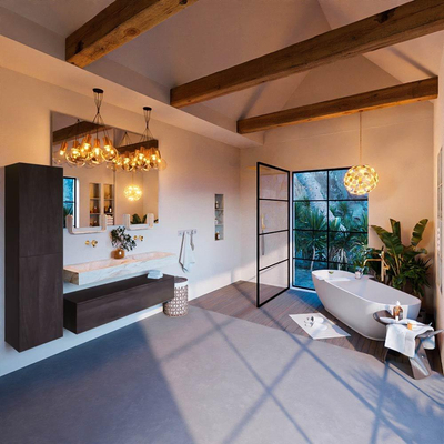 Mondiaz ALAN-DLUX Ensemble de meuble de salle de bain - 200x46cm - 1 tiroir - vasque suspendue - sans trous de robinetterie - 1 double - Dark Brown (chêne foncé)