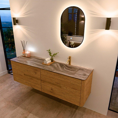 Mondiaz CIRO-DLUX Meuble de salle de bains - 170x45x50cm - Plan vasque Solid surface Sombra - 1 lavabo à droite - 1 trou de robinetterie - 4 tiroirs - Chêne