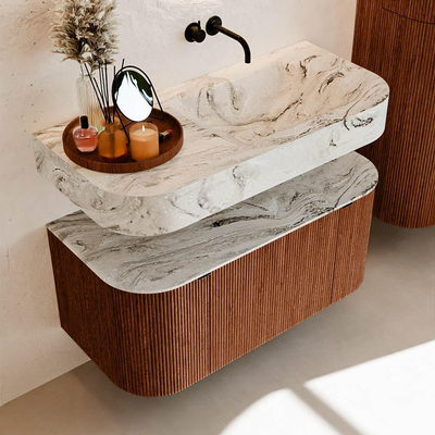 MONDIAZ THOR-DLUX Meuble de salle de bains - 100cm - arrondi gauche + droite - couleur Ruby - 1 tiroir - 2 portes - Vasque suspendue CLOUD droite sans trou de robinet - couleur Glace