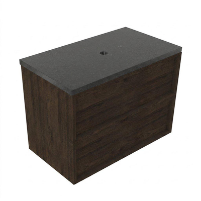 Saniclass Holz Frame Ensemble meuble de salle de bains - 80x45x63cm - Plan vasque en basalte Noche poli (noir) - sans trou de robinet - 2 tiroirs - chêne charcoal mat (bois)