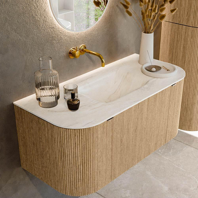 MONDIAZ KURVE-DLUX Meuble de salle de bains 100cm avec module 25 Len R couleur Oak avec 1 tiroir et 2 portes. Lavabo GRUNNE central sans trou de robinet couleur Ostra.