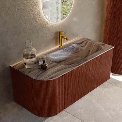 MONDIAZ KURVE-DLUX Meuble de salle de bains 105cm arrondi à gauche couleur Ruby avec 1 tiroir et 1 porte. Lavabo BIG SMALL à droite 1 trou de robinet Sombra.