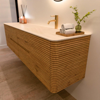 Mondiaz CIRO-DLUX Badkamermeubelset - 190x45x50cm - Solid surface wastafel Meli - 1 wasbak Rechts - 1 kraangat - 4 lades - Oak