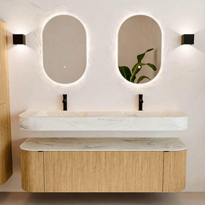 MONDIAZ THOR-DLUX 160cm meuble de salle de bains arrondi gauche + droite couleur Oak avec 1 tiroir et 2 portes. Vasque suspendue CLOUD Double 2 trous de robinet couleur Ostra.