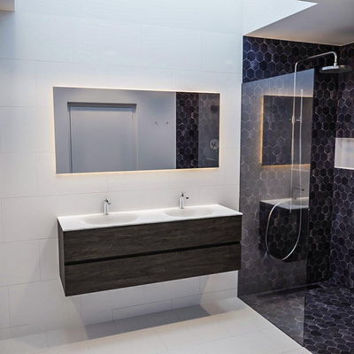 ENSEMBLE DE MEUBLE MONDIAZ VICA - 150 cm - 2 tiroirs - lavabo Moon double - 2 trous de robinet - solid surface marron foncé