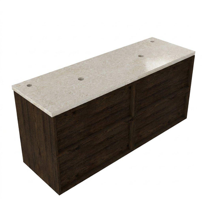 Saniclass Holz Frame Ensemble meuble de salle de bains - 140x45x63cm - Plan de travail en pierre naturelle travertin - 2 trous de robinet - 4 tiroirs - chêne charcoal mat (bois)